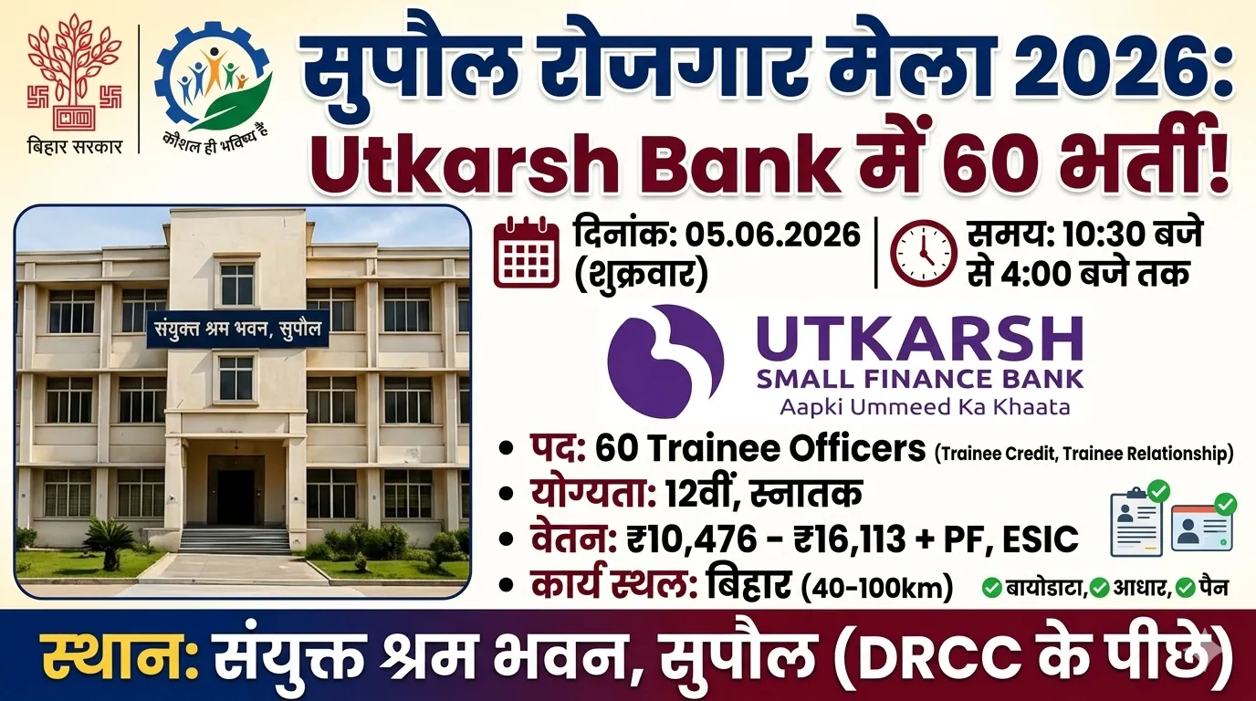 Supaul Rojgar Mela 2026 Utkarsh Small Finance Bank Jobs
