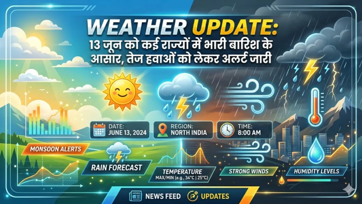 Weather Update: 13 जून को कई राज्यों में भारी बारिश के आसार, तेज हवाओं को लेकर अलर्ट जारी↗